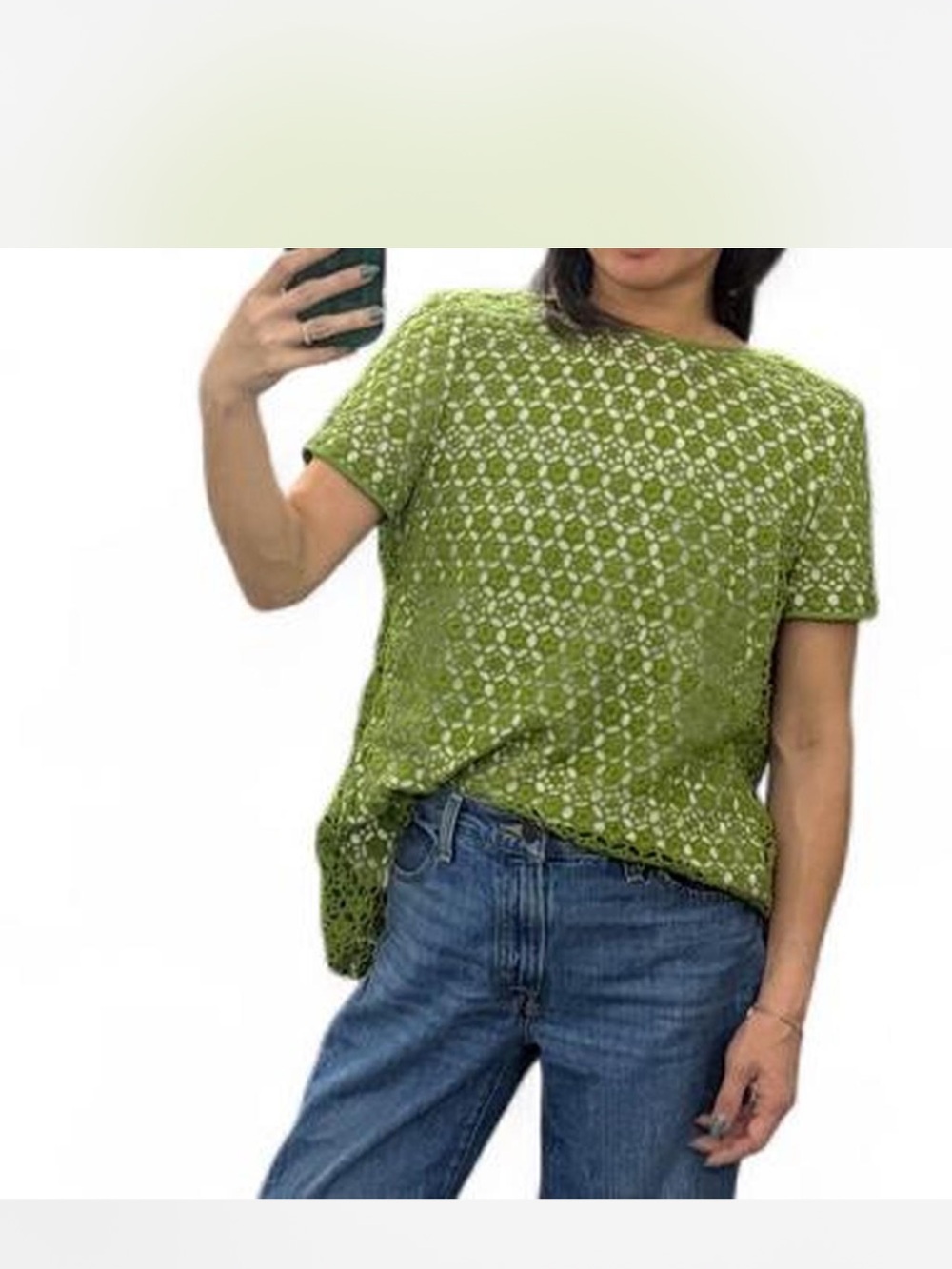Tory Burch Lace Overlay Green Short Sleeve Blouse - Picture 4 of 4